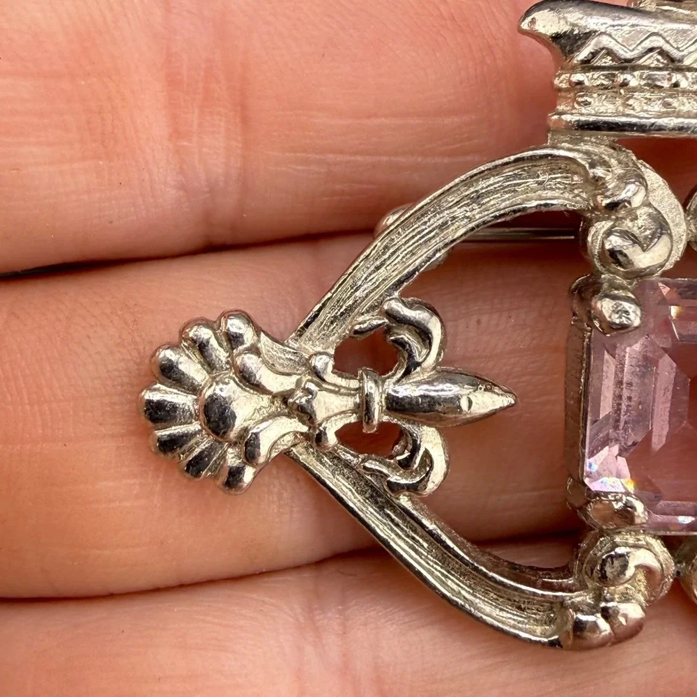 Vintage Scottish Luckenbooth Brooch Rhinestone Thistle Celtic Silver Tone